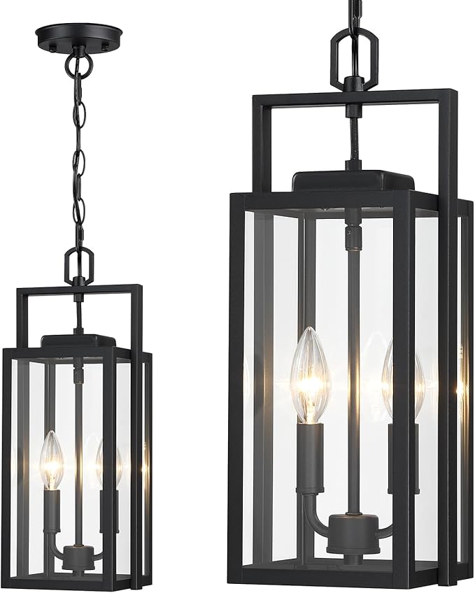 17.8'' Large Outdoor Pendant Light 2-Light, Modern Black Metal Outside Chandelier Exterior Hanging Fixture Ceiling Mount with Clear Glass for Front Porch Entrance Entryway, 1 Pack