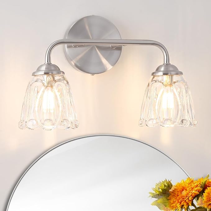 Daunton Vintage Bathroom Vanity Light, Brushed Nickel Vanity Lights Over Mirror, 2-Light Elegant Bathroom Light Fixture with Flower Glass Shade, Wall Sconce Lighting for Bedroom Lining Room