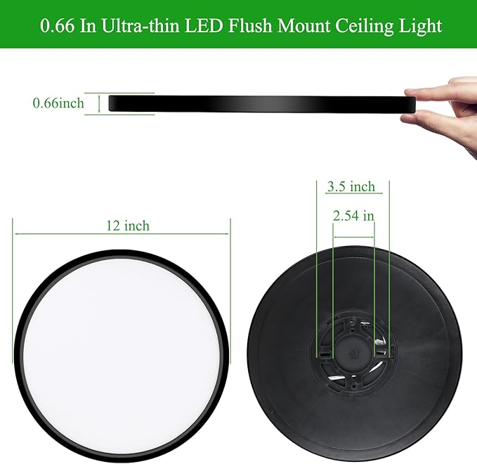 LED Flush Mount Ceiling Light Fixture, 24W 12Inch 3000K/3500K/4500K/5000K/6500K 5 Color Changeable 2880LM Low Profile Ceiling Light for Bedroom, Living Room, Dining Room, Hallway Black