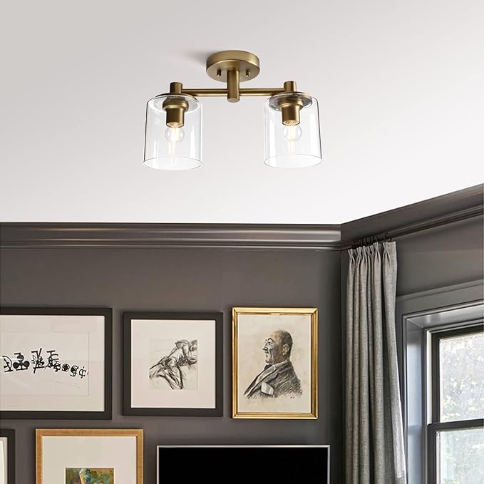 Pathson 2-Light Semi Flush Mount Ceiling Light, Industrial Pendant Lighting Fixture with Glass Shade, Ceiling Chandelier Lamp for Hallway Loft Kitchen Bar