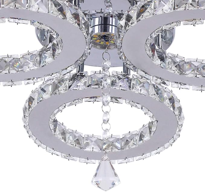 LED Crystal Ceiling Light 13x3.5 Inches 3 Rings Crystal Chandelier Flush Mount Lighting Fixture for Bedroom Hobby Living Room (Cool White)