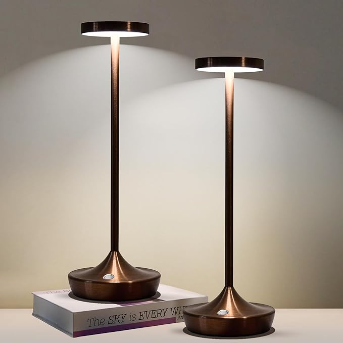 Brown Cordless Table Lamp, Rechargeable 6000mAh Battery Powered LED Desk Lamp, Portable Metal Touch Lamp with 3-Level Dimming, Waterproof for Restaurant, Dining, Patio, Home Decor (2 Brown)