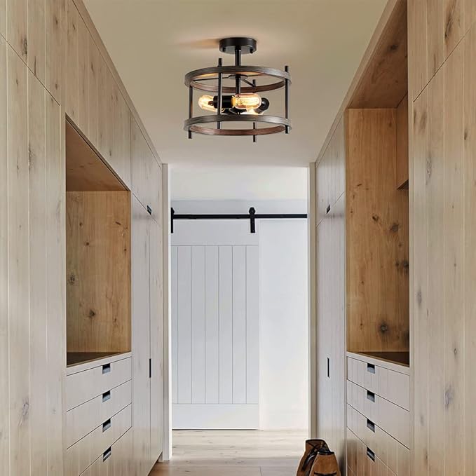 AGV LIGHTING Semi Flush Mount Ceiling Light Fixture, 3-Light Farmhouse Light Fixture Ceiling Mount Wooden Textures with Black