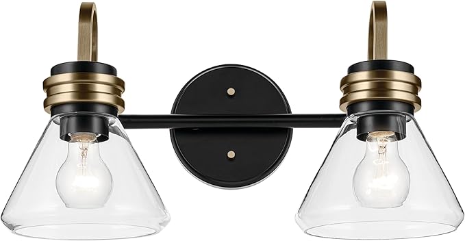 Kichler Farum 19.25" 2-Light Bathroom Vanity Light Fixture with Clear Glass in Black, Modern Wall Mount Light for Vanity Mirror Over Sink (19.25" W x 9.5" H), 55154BKCLR