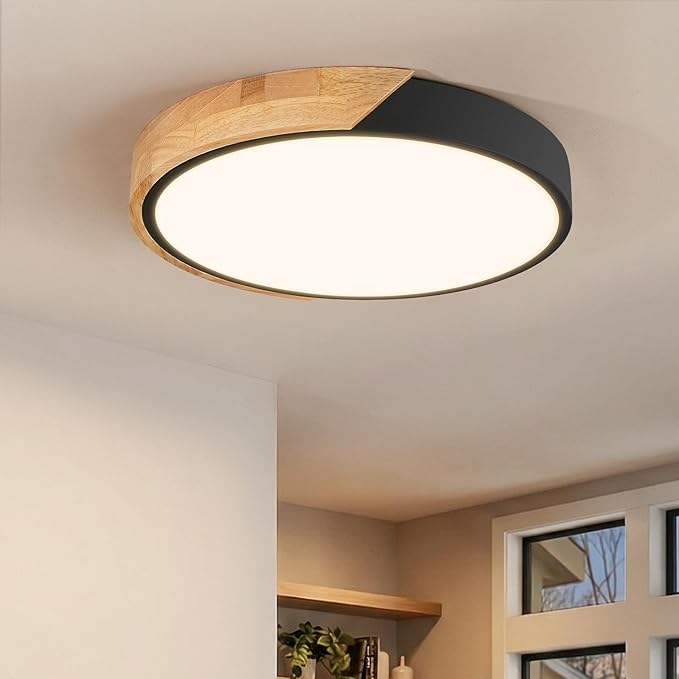 Modern LED Ceiling Light for Bedroom: Minimalist Wood Flush Mount Ceiling Light Fixture with Acrylic Lampshade - 4500K Not Dimmable Overhead Ceiling Lamps for kitchen hallway living room (11.8" Black)