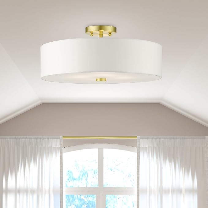 Livex Lighting 51055-12 Meridian Collection 4-Light Semi Flush Mount Ceiling Light with Off-White Hardback Fabric Shade, Satin Brass