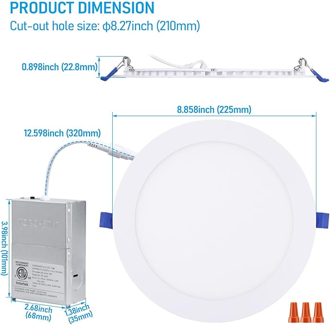 TORCHSTAR Basic Series 12-Pack 5CCT 8 Inch Ultra-Thin LED Recessed Lighting with J Box, CRI90, Aluminum, 2700K3000K3500K4000K5000K, 5%-100% Dimmable Slim Recessed Downlight, 18W 1450LM, ETL & ES