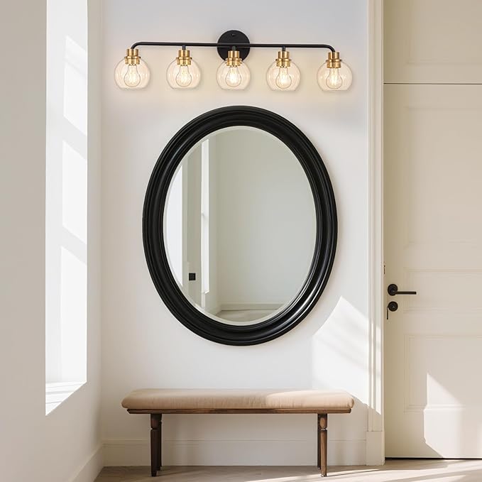 5 Light Bathroom Vanity Light, Black and Gold Bathroom Light Fixtures with Clear Glass Shade Modern Wall Sconces Lighting Bath Wall Lights Lamp for Mirror Kitchen Living Room Bedroom Hallway Cabinet