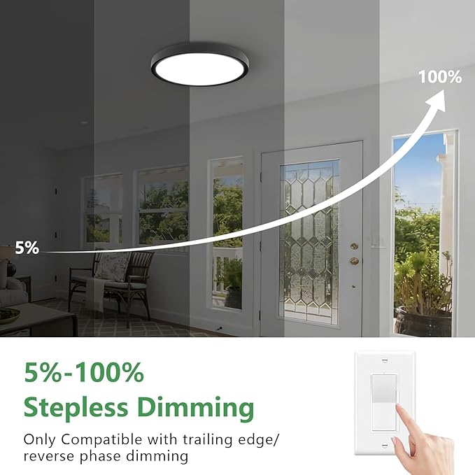 15.8 Inch Dimmable LED Flush Mount Ceiling Light, 32W, 3480LM, 3000K/3700K/4000K/5000K/6000K, Round Flat Panel Low Profile Ceiling Light Fitures for Hallway, Kitchen, Bedroom, 1PK Black