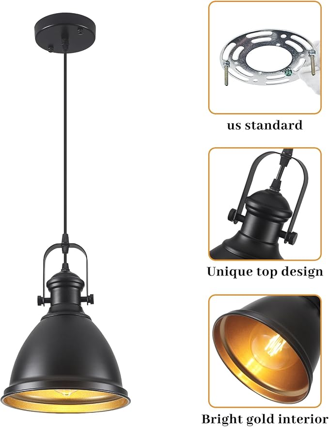8.6" Black Pendant Lights for Kitchen Island 3 Pack, Modern Farmhouse Kitchen Pendant Lighting, Vintage Industrial Pendant Light Fixtures, Island Lights for Kitchen Sink Dining Room Hallway