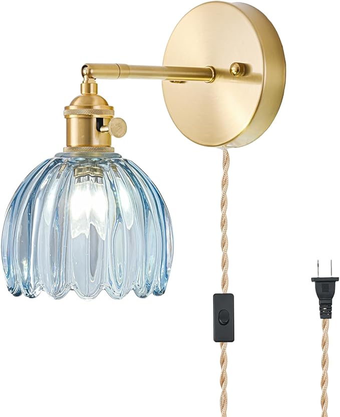 Plug in Wall Sconce, Vintage Sconce Light with Tulip Denim Blue Glass Lampshade, Bedside Wall Sconce with Switch and Plug in Wall Lamp Cord, Gold Wall Light for Bedroom