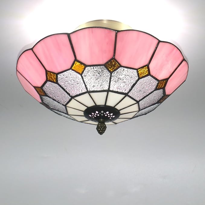 12 Inch Tiffany Style Vintage Stained Glass Ceiling Light Flush Mount Ceiling Light Pendent Chandelier Lighing Fixtures (12 Inch Pink)