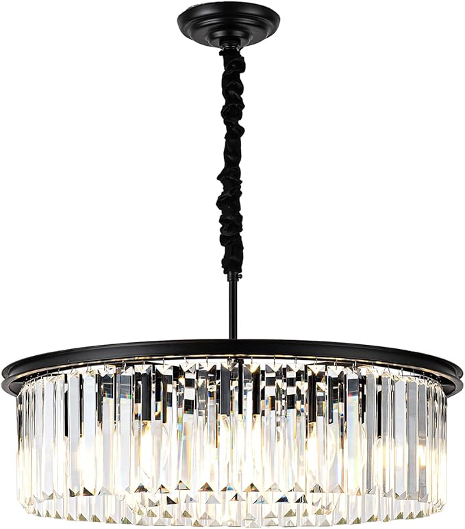 23" Black Crystal Chandelier 8-Light Modern Crystal Pendant Ceiling Light Fixture 2 Rings Luxury Chandeliers,for Dining Room Kitchen Island Living Room Bedroo