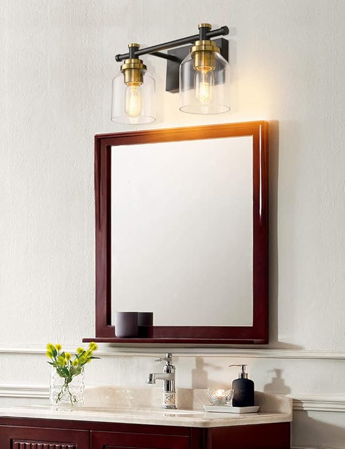 SOLFART Vintage 2 Lights Wall Lighting Bathroom Vanity Light Vintage Black Brass Sconce Light Fixtures Black Metal with Clear Glass