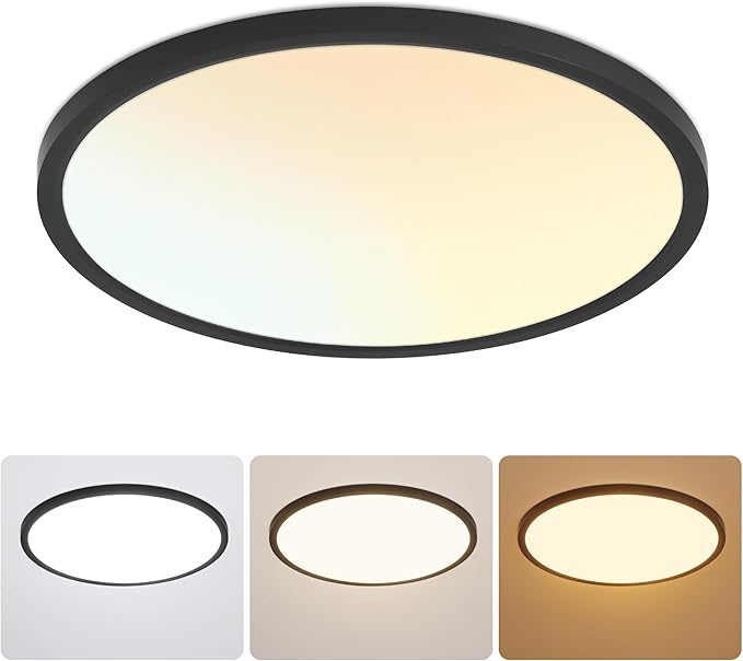 12 Inch Flush Mount Ceiling Light, 24W Dimmable LED Fixture 2400LM, 3000K/4500K/6000K Adjustable, Ultra Thin Round Ceiling Lamp for Bedroom, Kitchen, Living Room, Dining Room, Bathroom, Black