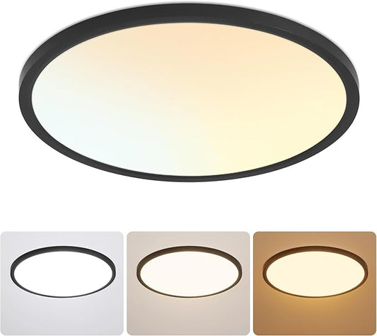 12 Inch Flush Mount Ceiling Light, 24W Dimmable LED Fixture 2400LM, 3000K/4500K/6000K Adjustable, Ultra Thin Round Ceiling Lamp for Bedroom, Kitchen, Living Room, Dining Room, Bathroom, Black