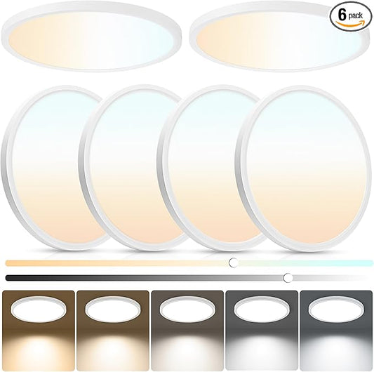 6-Pack of 12 Inch LED Flush Mount Ceiling Lights, 2640LM 24W Dimmable & 5CCT Adjustable, Ultra Slim Flat Lighting Fixture for Low Ceilings, Bedroom, Hallway, Basement, Apartment, White