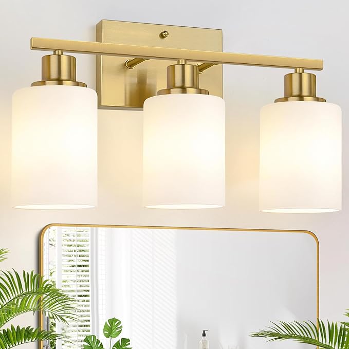 MOKATNG 3-Light Bathroom Light Fixtures, Brushed Gold Vanity Light with Milky White Shades, Bathroom Lighting Fixtures Over Mirror, Modern Bathroom Wall Lamp for Mirror Living Room Cabinet Bedroom