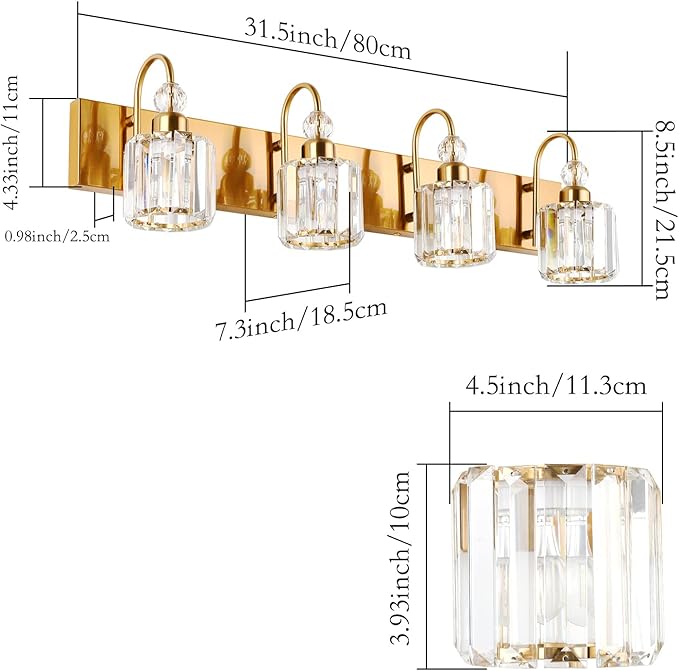Ralbay Brass Gold Vanity Lights 4-Lights Crystal Bathroom Lighting Fixtures Over Mirror Modern Wall Lighting for Bathroom
