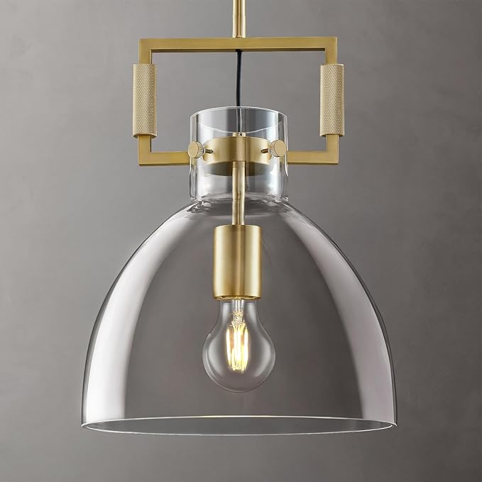 10 Inch Knurled Large Brass Blown Glass Modern Kitchen Island Pendant Light Fixtures,1 Light Island Pendant Lighting,Single Pendant Light,for Foyer, Entryway, and Dining, Includes Two Bulbs