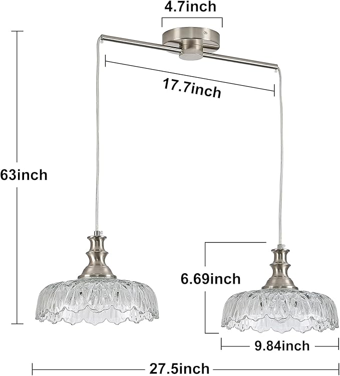 HDDFL Vintage Pendant Lighting Fixtures Modern Glass Hanging Lamp with Adjustable Cord for Kitchen Island Dining Room Hallway 2 Light Brushed Nickel and Clear