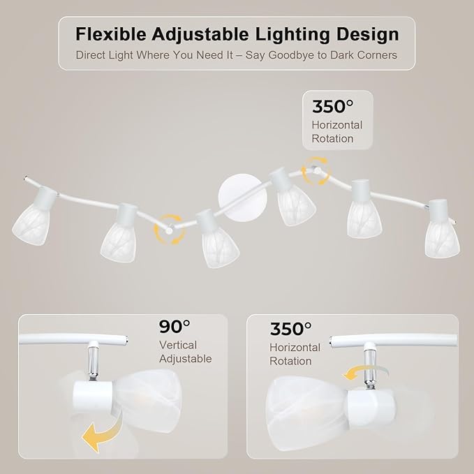 HiBay 6-Light Track Lighting White, Flexible Ceiling Light Fixture w/Glass Shades, Modern Track Spot Lights Indoor for Kitchen, Living Room, Dining Room, E12 Base, No Bulbs