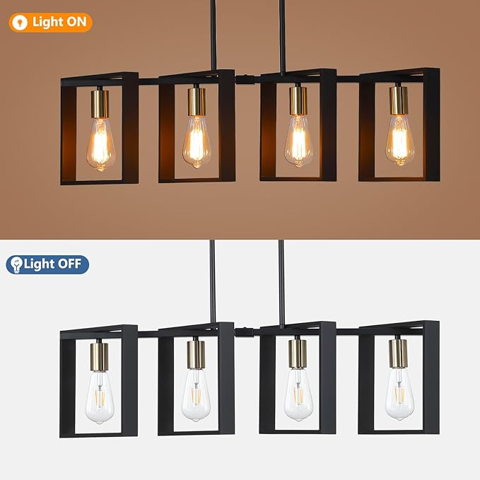 9MMML 4 Lights Wood Chandelier,Industrial Rectangle Linear Dining Room Pendant Light, Black Wood Frame+Gold E26 Socket,Kitchen Island Light for Hallway Bar Pool Table, Height Adjustable