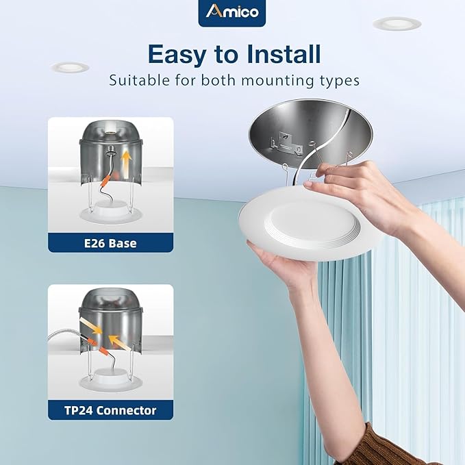 Amico 4 Pack 5/6 inch 5CCT LED Recessed Lighting, Dimmable, 12.5W=100W, 950LM, 2700K/3000K/4000K/5000K/6000K Selectable, Retrofit Can Lights with Baffle Trim, IC Rated - ETL & FCC, White