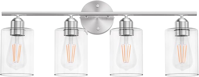 Espird Bathroom Vanity Light Fixtures Brushed Nickel,4 Lights Rustic Farmhouse Vanity Bar Lighting Over Mirror Modern Industrial Wall Sconces Lamp with Cylinder Glass Shade
