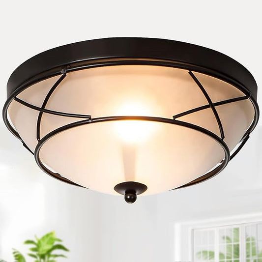 12" Black Classic Dome Flush Mount Ceiling Light, 2-Light Bronze Lighting Fixtures, Frosted Glass Farmhouse Ceiling Lamp for Living Room Kitchen Bedroom Hallway Entryway Staircase