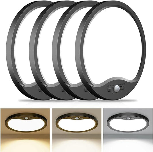 hepside 4 Pack Motion Sensor Ceiling Light Wired, 3000K/4000K/6500K LED Flush Mount Ceiling Light Fixture, 8.7Inch 18W Motion Sensor Light with Timer for Closet Stair Porch Hallway Pantry,Black