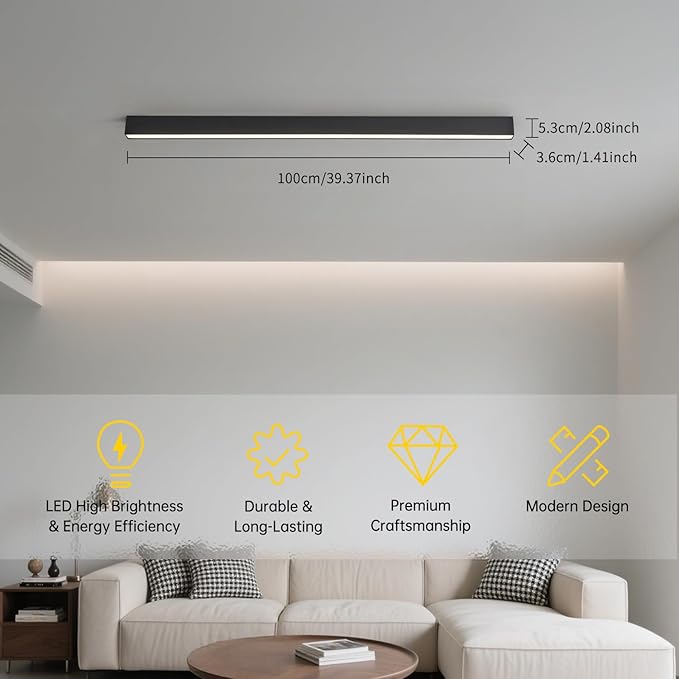 Black ceiling light LED, modern and simple, long strip ceiling surface installation, suitable for living room, bedroom, corridor and kitchen, remote control to switch color and brightness, 39.3 inches