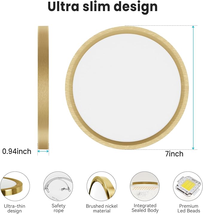 libtit 7 Inch Golden Flush Mount Ceiling Light, 15W Aureate Ceiling Light Fixture, 3000K/4000K/6500K Color Selectable, Gilded Round Ceiling Lighting for Bedroom Kitchen Pantry, 2Pack