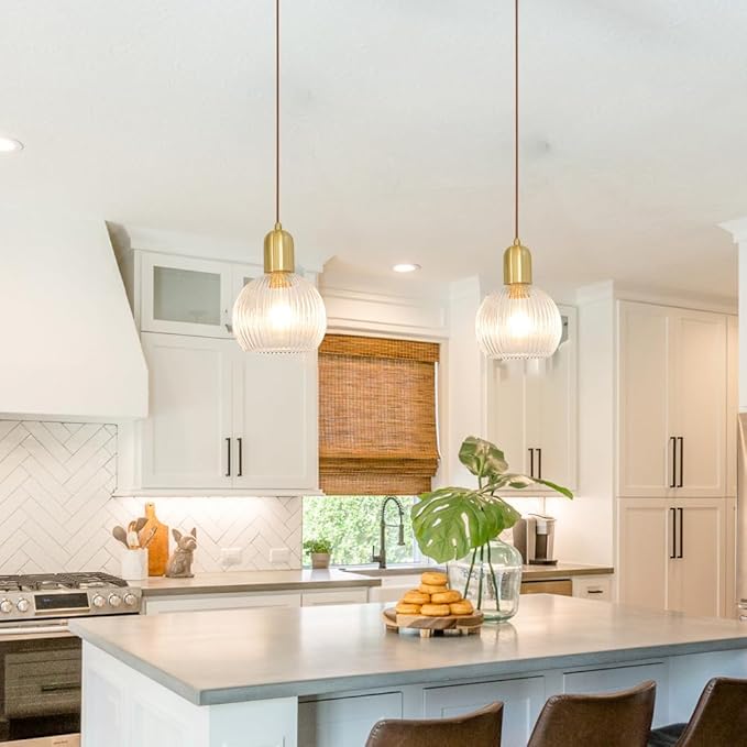 2 Pack Gold Pendant Lights For Kitchen, Modern Pendant Lights Kitchen Island Bathroom Pendant With 7.8" Clear Glass Shade- Dual Mount Ceiling & Hanging Fixtures, Adjustable Cord 11.8-59'' For Decor
