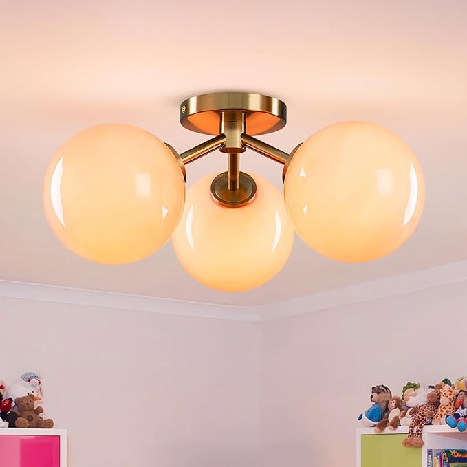Pink Semi Flush Mount Ceiling Light Fixture, 3 Light Opal Glass Globe Mid Century Modern Light Fixtures for Bedroom,Entryway,Hallway,Living Room,Kithcen,Dining Room