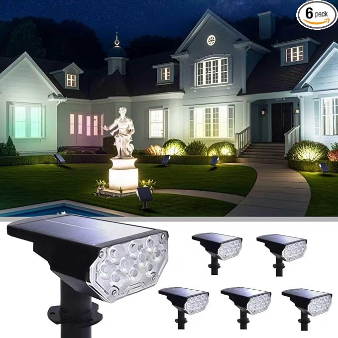 6 Pack Solar Spot Lights Outdoor Waterproof, 20 LEDs Bright Landscape Spotlights Dusk to Dawn, Cool White Adjustable Uplights for Yard Tree House Garden Wall Pathway, IP65