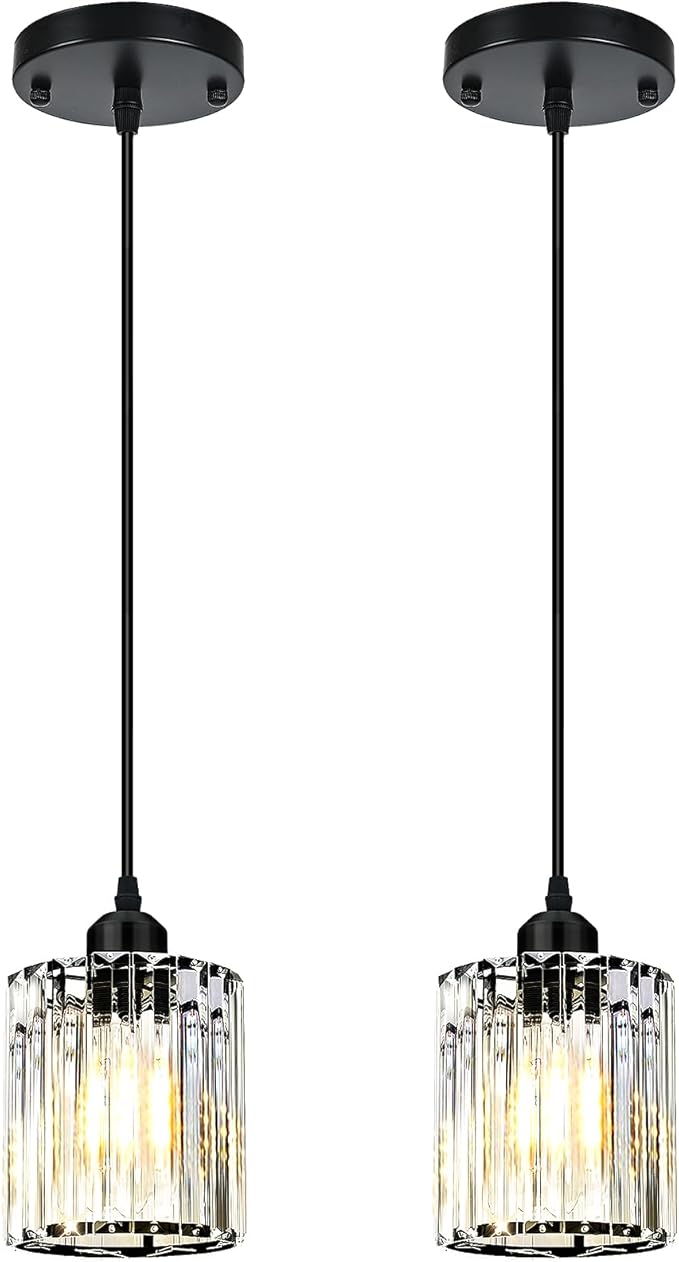 Black Pendant Lights for Kitchen Island, Elegant Modern Island Lights for Kitchen with Crystal Glass – Luxury 2 Pack Pendant Lights for Kitchen Island, Dining Table, Entryway, Restaurant