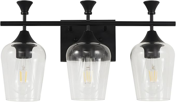 Bathroom Light Fixtures (3-Light, 19 Inch), Matte Black Vanity Lights for Bathroom with Clear Wine Glass Glass Shade, Modern Vanity Wall Lights for Mirror Bedroom Living Room Kitchen Hallway Porch