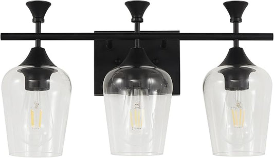 Bathroom Light Fixtures (3-Light, 19 Inch), Matte Black Vanity Lights for Bathroom with Clear Wine Glass Glass Shade, Modern Vanity Wall Lights for Mirror Bedroom Living Room Kitchen Hallway Porch