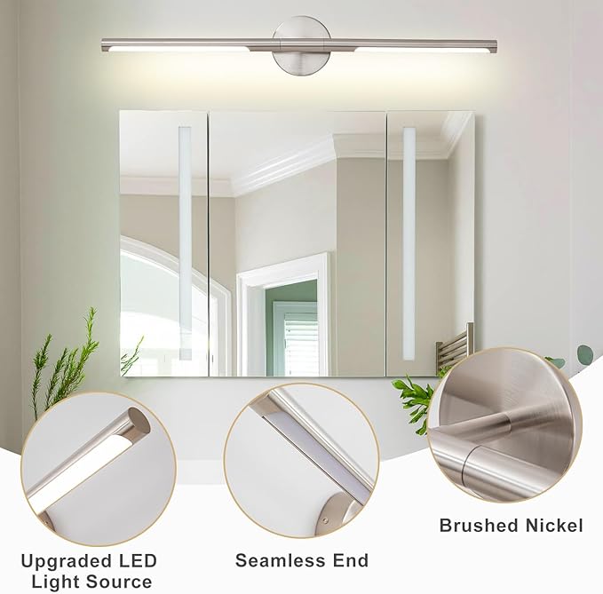 Brushed Nickel Bathroom Light Fixtures Over Mirror 30 Inch, 20W 360° Rotatable Dimmable 4000K LED Vanity Light Bar, Modern Bathroom Vanity Lights Above Mirror
