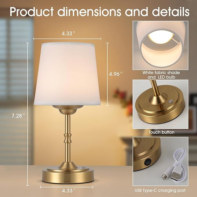 Vintage Gold Cordless Table Lamp with Remote and Touch Control, Wireless Small Led Battery Powered Rechargeable Portable Table Light, Dimmable 3 Color Mini Desk Lamp for Home Patio, 2Pack