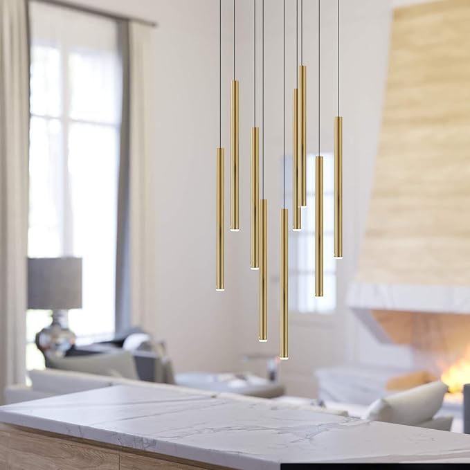 CANALIS 9 Mini Pendant Lighting Brass - LED Hanging Light Fixture for Kitchen Island, Bar, Foyer - Cluster Pendants - Dimmable, Adjustable Wire, Lamp Bulb Included