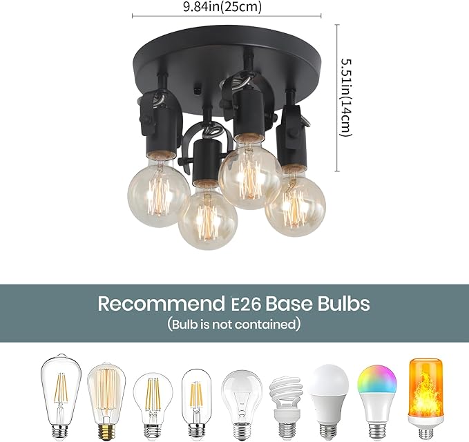 4-Light Kitchen Ceiling Spotlight，Multi-Directional Track Lighting Fixtures Ceiling with Open No Shade Design, Black Ceiling Light for Kitchen Island, Sink,Dining Room, (E26, Bulb Not Included)