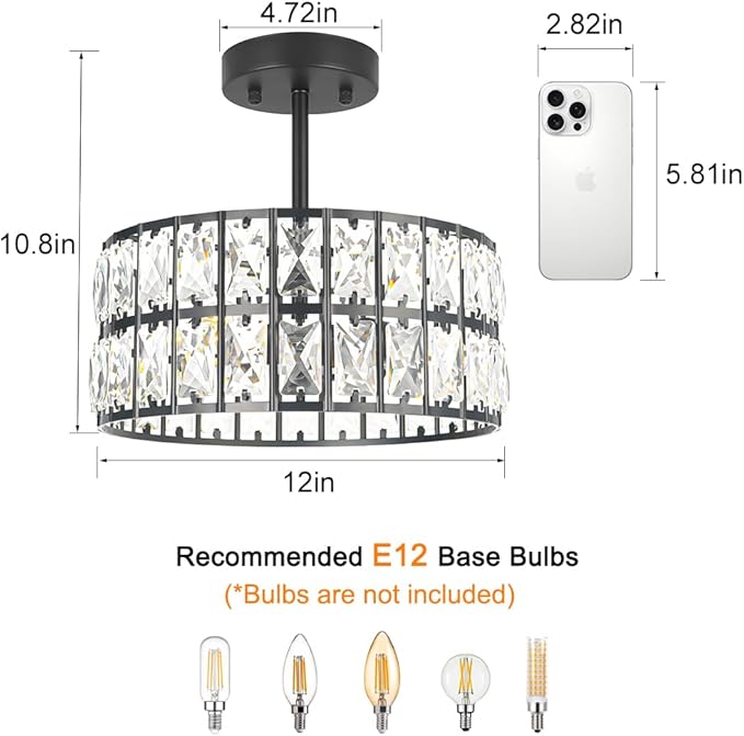 Matte Black Crystal Ceiling Light, Modern Semi Flush Mount Ceiling Lighting, Hallway Lighting Fixtures, Small Chandelier Light Fixture for Kitchen Entryway Bedroom Dining Room, 3-Light, 12 Inch