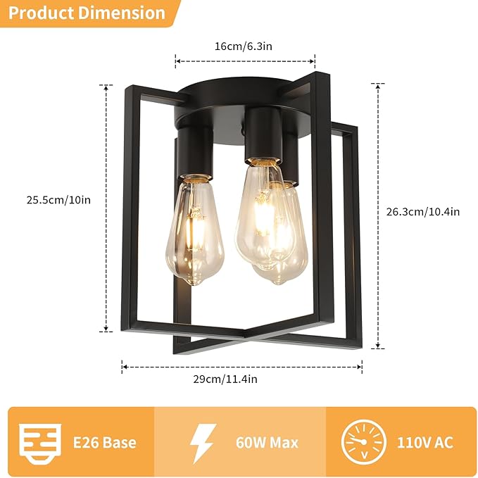 WILON Black Ceiling Light Fixture, 3-Light Modern Farmhouse Chandelier Industrial Semi Flush Mount for Hallway Bedroom Living Room Foyer Entryway Kitchen Hall Dining Laundry Office
