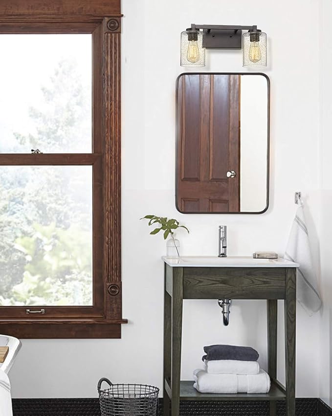 Beionxii 2 Light Bathroom Vanity Lights, Vintage Wall Sconce Oil Rubbed Bronze with Clear Seeded Glass 16" W x 8.75" H - MB9002-2