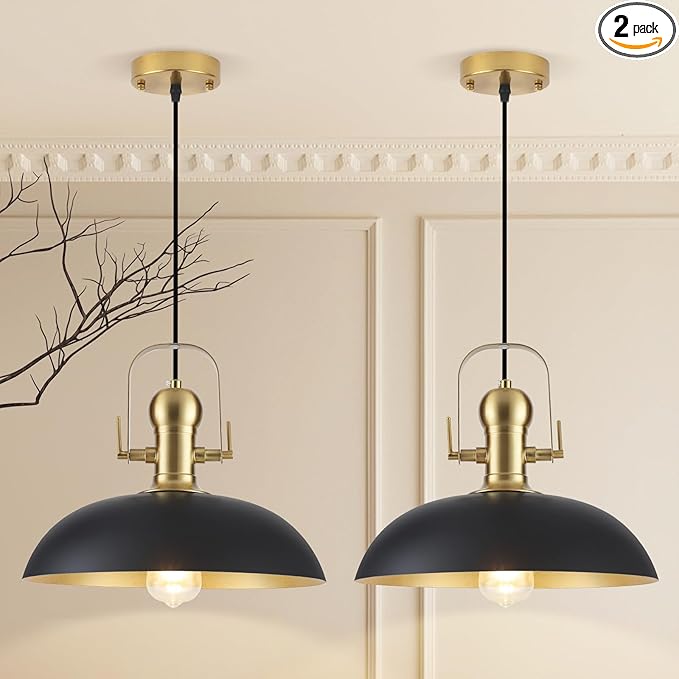 Black and Gold Pendant Lights 2 Pack, 13.8 Inch Black Farmhouse Pendant Light, Industrial Pendant Light Kitchen Island, Island Pendant Lights for Kitchen Barn Hallway Porch Dining Room