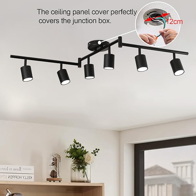 Plug in Track Lighting Kit, 120cm LED 6 Light Kitchen Track Lighting, Corded Wall Light with 16.4ft Cord, 6 Way Ceiling Spot Lighting Flexibly Rotatable Head Includes 6 x GU10 Bulb (6-Black-120cm)