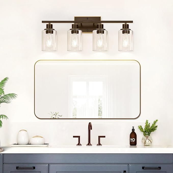 Indoi 4 Light Bathroom Light Fixtures, Oil-Rubbed Bronze Modern Vanity Lights with Clear Glass Shades, Bathroom Wall Lamp for Mirror Living Room Cabinet