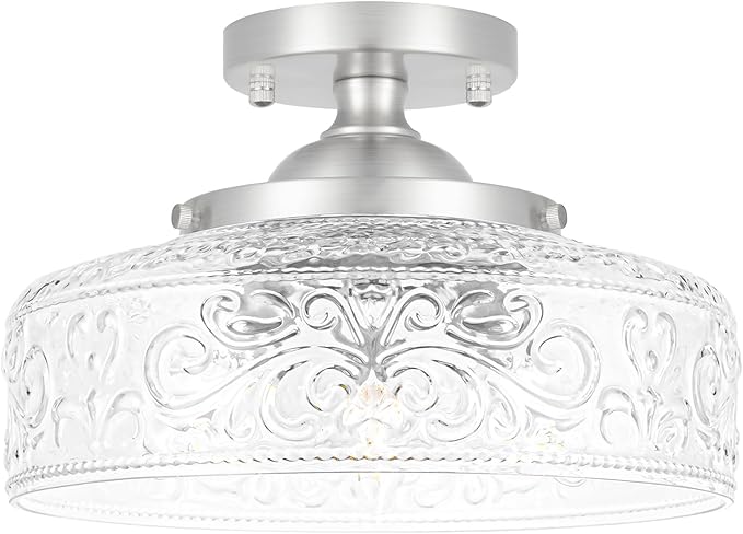 Brushed Nickel Semi Flush Mount Ceiling Light, 3-Light Close to Ceiling Light, Flush Mount Ceiling Lighting with Globe Glass, Farmhouse Closet Fixtures for Hallway Bedroom Entryway Kitchen Porch,E12